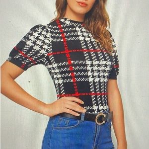 NEVER WORN — Mock-neck Puff Sleeve Plaid Top, Shein (MD)